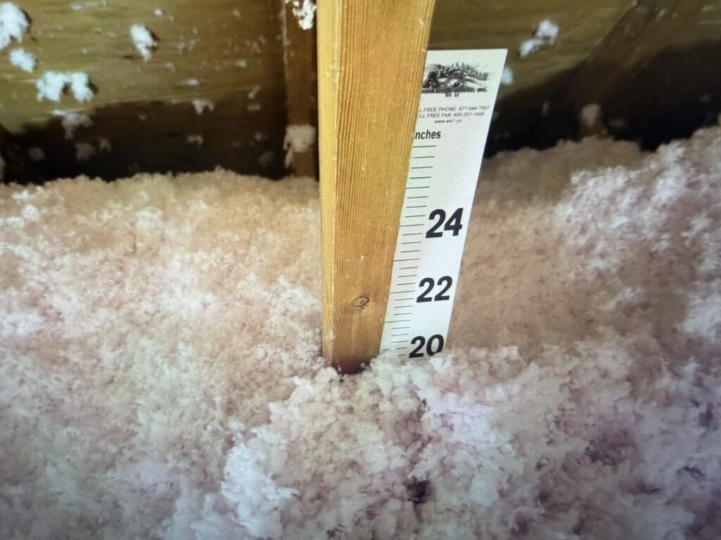 a tape measure reading at 20 inches stuck into blow-in insulation